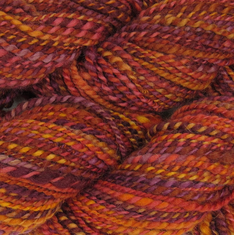 locally sourced michigan local wool red multicolor orange yellow Handspun yarn 2-ply woolalpaca blend Truffula Trees