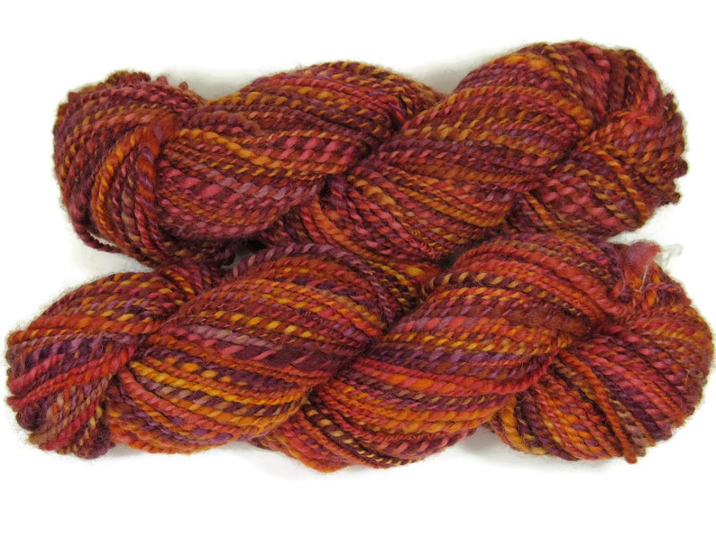 locally sourced michigan local wool red multicolor orange yellow Handspun yarn 2-ply woolalpaca blend Truffula Trees