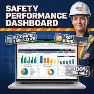 Könnte beinhalten: Ein Laptop zeigt ein Safety Performance Dashboard mit verschiedenen Diagrammen. Textüberlagerungen umfassen Safety Performance Dashboard, Automated TRIR & LTIFR, Excel Bundle und 100% Editable. Eine Person mit einem Schutzhelm ist im Hintergrund zu sehen.