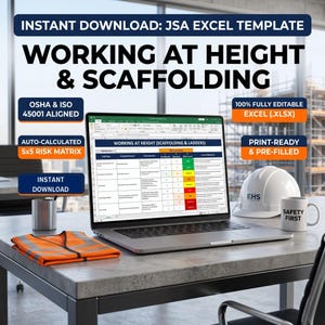 May include: A laptop displaying a JSA Excel template for working at height and scaffolding, featuring a 5x5 risk matrix. Beside it sits a white hard hat with EHS text, a white mug labeled Safety First, and an orange high-visibility safety vest.