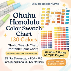 Ohuhu honolulu 120 Color Swatch Chart – Wersja do druku PDF + Podgląd JPG + Skala szarości – A4 i US Letter – Natychmiastowe pobranie