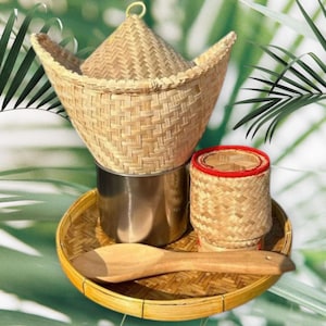 Handmade Thai Sticky Rice Steamer & Serving Set - Authentic Woven Bamboo Kitchenware Gift Set