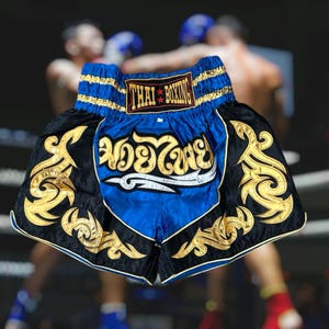 Handmade Muay Thai Shorts | Traditional Thai Boxing and Kickboxing Gear – Premium Satin Fight Shorts for Men and Women (Blue)