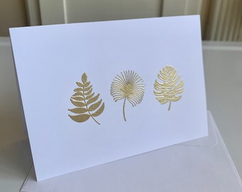 Handmade Tropical Leaves Gold Embossed Note Cards -Blank Inside- Choice of Brown Cardstock, White Cardstock