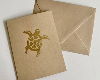 Handmade Honu (Sea Turtle) Gold Embossed Note Cards -Blank Inside- Choice of Brown Cardstock, White Cardstock
