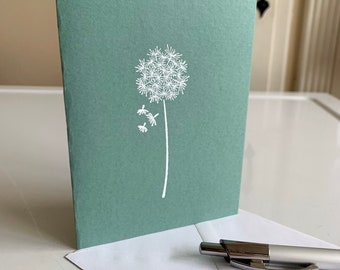 Dandelion Handmade Heat Embossed Greeting Card/Notecard - Choice of Colors Eucalytus, Gravel, Slate