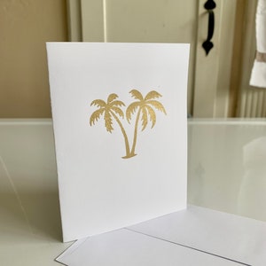 Tarjetas de notas en relieve doradas con palmeras hechas a mano -En blanco por dentro- Elección de cartulina marrón, cartulina blanca