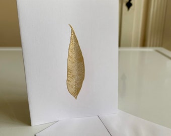 Handmade Gold Slim Leaf Heat Embossed Greeting Card/Notecard -Choice of white or eucalyptus green cardstock