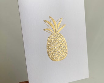 Handmade Pineapple Gold Embossed Note Cards - Blank Inside- Stationery -Choice of Brown Paper, White Cardstock, Pewter Cardstock