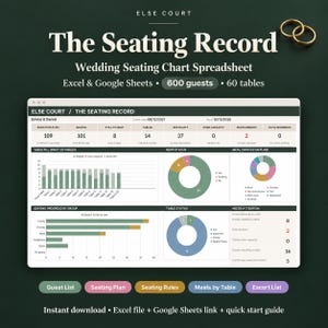 Plantilla de plano de asientos para bodas, hoja de cálculo de Excel y Google Sheets. Lista de invitados, planificador de mesas, recepción.