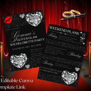 May include: Black and white printable bachelorette party invitation with a glitzy diamond theme. The invitation features the text "Gemma's Glitz & Glam Bachelorette Party" and "Saturday, Dec 31st, 8 PM".