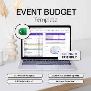 Op de afbeelding: Een laptop met een evenementenbudgetsjabloon in Excel. Het scherm toont een spreadsheet met uitgavencategorieën en een cirkeldiagram. De tekst luidt "Estimated vs Actual", "Automatic Charts Update", "Editable in Excel" en "Instant Download". Een groen Excel-pictogram is zichtbaar.