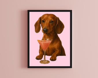 Sausage Dog Pijący Koktajl Ścienna Sztuka | Dachshund Digital Download | Quirky Dog Print | Cocktail Pup Decor | Natychmiastowe Pobieranie