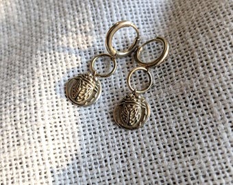 Ancient inset brass beetle fossil earrings, gold insect earrings,  beetle bug earrings, everyday bug huggies// The Pollinator earrings