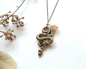 Brass snake necklace// Simple Golden Pendant on an Antiqued Brass Chain// snake necklace//Cosmic snake totem// The Indigo necklace