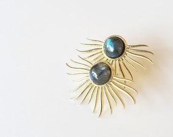 Gold sunburst labradorite earrings// Brass sun flare stud earrings//Gold sun earrings//gemstone stud earrings// gemstone earrings