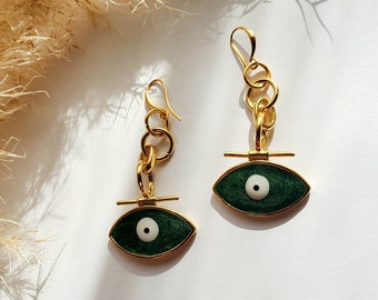 Gold plated eye earrings//Dramatic drop pendant earrings//modern drop dangle earrings