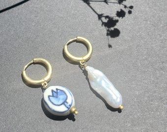 Baroque Freshwater Pearl Hoop Earrings with Blue Floral Charm – Brass Jewelry