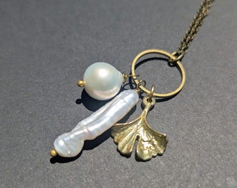 Dainty classic modern pearl necklace, baroque pearl necklace, gingko charm necklace, gold and pearl necklace,  The Charlotte necklace