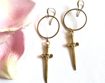 Gold sword earrings, feminist castlecore earrings, sword dangle earrings// The Amina earrings