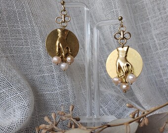 Goth hand earrings,Victorian hand earrings, raw brass gold hands & pearl drop earrings, victorian dangle earrings