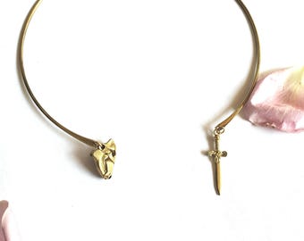 Gold sword necklace, feminist castlecore choker  necklace// Sword pendant necklace// The Judith necklace