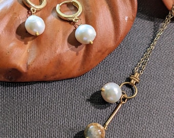 Modern asymmetrical pearl necklace, baroque pearl necklace, gemstone charm necklace, gold and pearl necklace,  The Elia  necklace