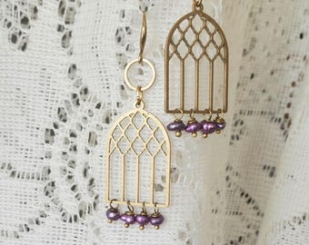 Gold brass Cathedral earrings, romantic gothic window earrings