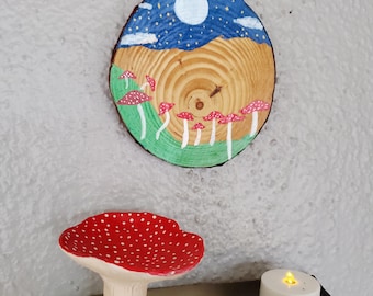 Hand painted mushroom wood slice, cozy Woodland mushroom decor