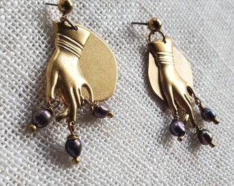 Gothic whimsical hand earrings,Victorian hand earrings, raw brass gold hands & pearl drop earrings, victorian dangle earrings