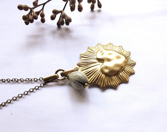 Vintage gold Sacred Heart pendant, brass milagro heart pendant necklace, Brass layering chain  vintage brass chain// The Erzulie necklace
