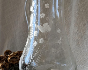 Vintage glass pitcher, vintage hand blown etched glass pitcher,vintage 80s barware, vintage holiday entertaining, free shipping