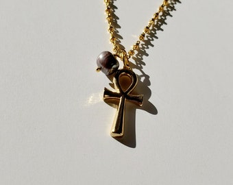 Modern gold ankh pendant necklace//24k gold Key of Life pendant chain//genuine 24k gold plated necklace//freshwater pearl necklace //