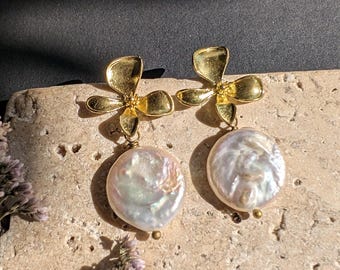 Begonia flower studs, gold pearl earrings, large pearl drop studs, wedding season pearl earrings