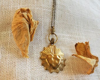 Vintage gold Sacred Heart pendant, brass milagro heart pendant necklace, Brass layering chain  vintage brass chain// The Erzulie necklace