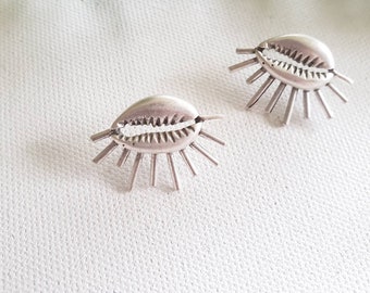 Clearance: Silver plated cowrie stud earrings// genuine silver cowrie earrings