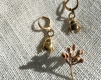 Simple brass  beetle earrings, gold insect earrings, bug earrings, everyday bug huggies// The Pollinator earrings