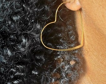 Gold heart hoop earrings// Brass heart earrings //heart wire earrings// minimalist heart earrings// XL hoop earrings