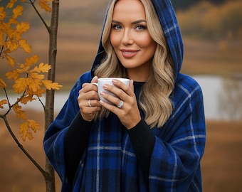 Scottish Tartan Hooded Ruana Shawl Handmade Plaid Cape Wrap Outlander Poncho Cozy Winter Extra Warm Cloak Offered in 50+ Tartans