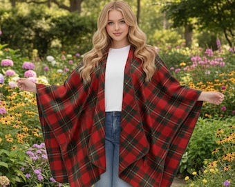 Women’s Scottish Tartan Highlander Belted Ruana Winter Poncho Blanket Shawl Wrap With Four-Sided Overlock Available in 50+ Tartans