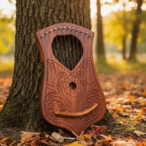 May include: A finely crafted wooden lyre, featuring detailed floral carvings and a heart-shaped sound hole. The instrument, complete with strings and tuning pegs, leans against a tree trunk surrounded by autumn leaves, highlighting its craftsmanship and natural setting.