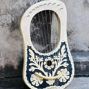 Arpa de lira de palisandro de 10 cuerdas, hecha a mano, blanca y negra, nueva flor, instrumento musical etéreo vintage con funda, llave de afinación y cuerdas gratis.