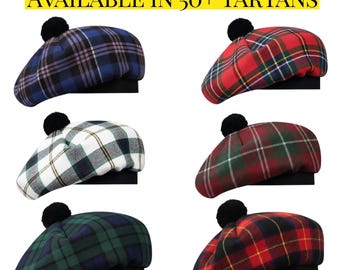 Traditional Scottish Tam O’ Shanter Hat Handmade Wool Tartan Cap With Pom Pom Highland Plaid Beret One Size Fits All Offered in 50+ Tartans