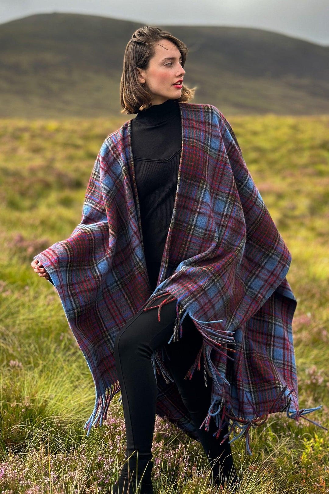 Women’s Scottish Tartan Ruana Handmade Acrylic Wool Blend Cape Shawl ...