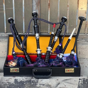 Scottish Great Black Bagpipe Handmade Rosewood Full Size Bagpipe With Silver Mounts And Hard Case + Accessories Available In 50+ Tartans