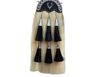 Men's Scottish Horse Hair Sporran Highland Black & Blonde Six Tassels Sporran Handmade Celtic Knot Top And Stag Head Badge Sporran