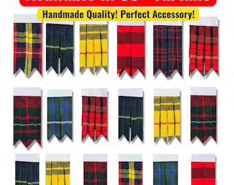 Skotska tartan-glimtar Traditionella höglands-kilt-slang-glimtar Handgjorda kilt-tillbehör Finns i över 50 klantartaner