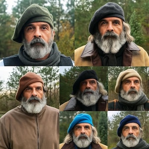 May include: A selection of berets in diverse colours, such as green, black, brown, and blue. The berets are worn by a person with a long, grey beard and moustache. The person is wearing different jackets and scarves in each image, with a natural outdoor backdrop.
