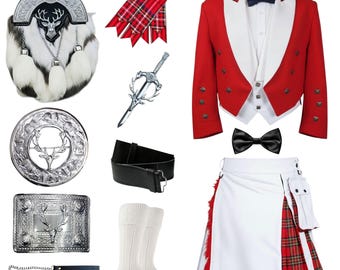 Herren Scottish Christmas Kilt Outfit 10-teiliges Highland Set Prince Charlie Jacket Tartan Kilt für Herren Holiday Santa Outfit in 50+ Tartans