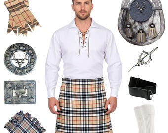 10-delige Schotse bruiloft kiltoutfit traditionele antieke hertenkop Sporran en accessoires Formele kiltset verkrijgbaar in 50+ Schotse ruiten